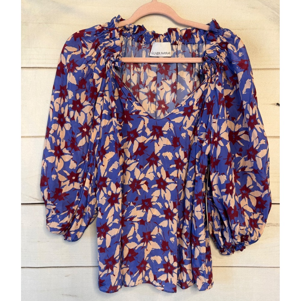 Gilner Farrar Ellie Blouse Althea Floral Puff Sleeve Ruffle V-Neck Top GF171VGT